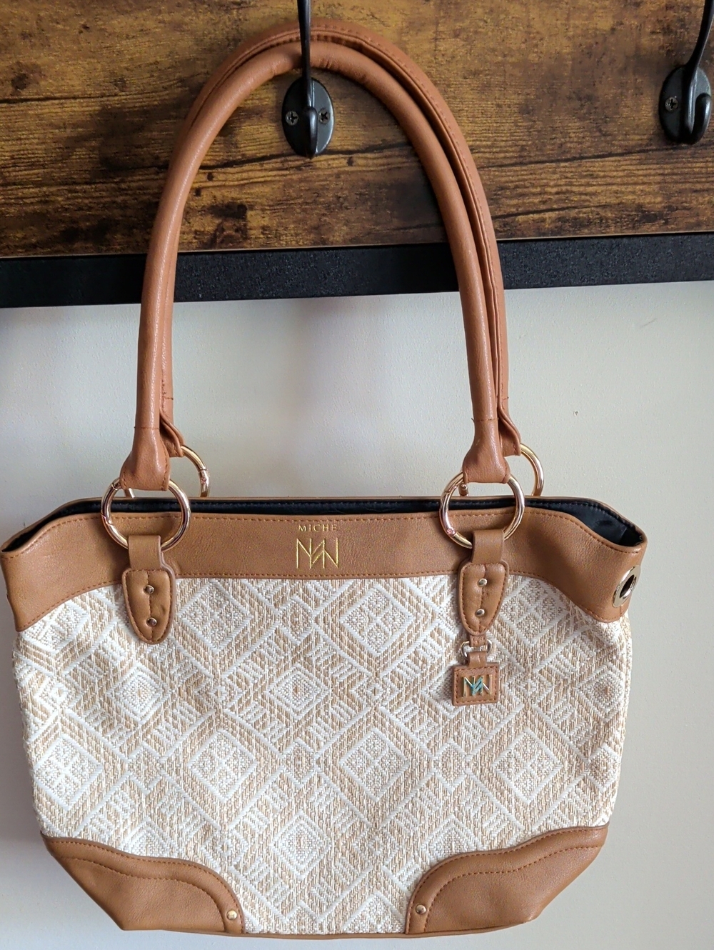 Miche Beige and Tan Tote with Geometric Jacquard
